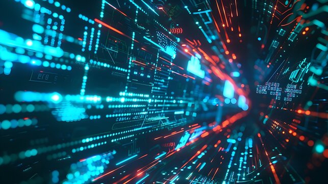 A dynamic digital artwork visualizing data transmission and encryption, with binary code streams pulsating across interconnected nodes and pathways, depicting a vibrant digital ecosystem