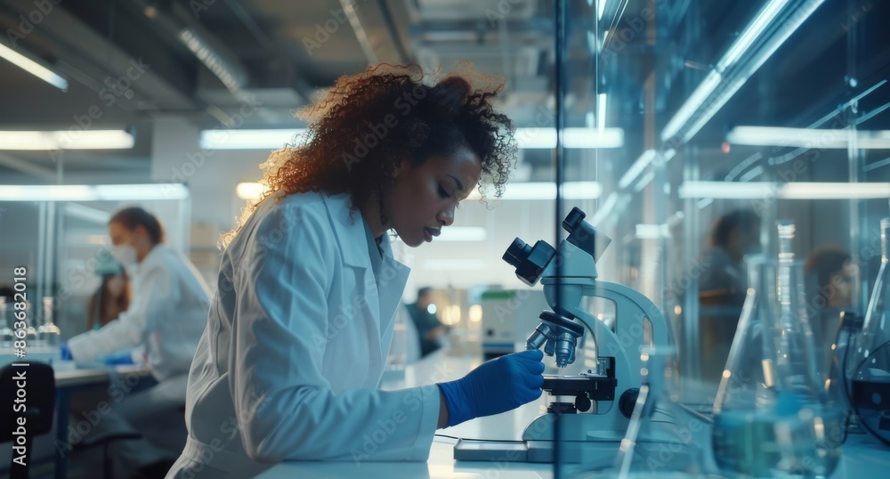 Aufkleber female scientist working in a laboratory using a microscope for research