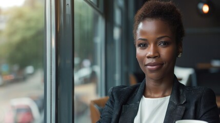 Confident African businesswoman enjoying coffee break with room for text or branding