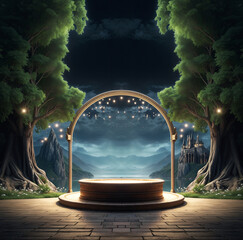 Center focused high podium image on Spring night with magical fantasy atmosphere with trees, arch structure, mountains, trees, castle and empty podium for product presentation.