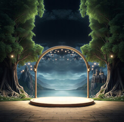 Center focused podium image on Spring night with magical fantasy atmosphere with trees, arch structure, mountains, trees, castle and empty podium for product presentation.