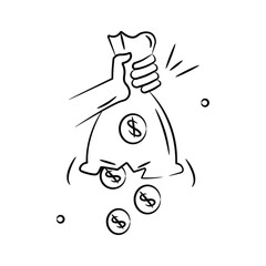 Hand holding torn money bag, dollar coins falling out of money bag, concept of financial crisis
