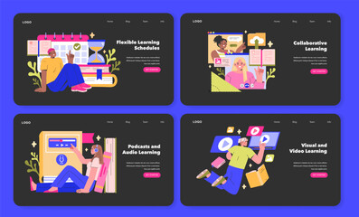 Digital Learning interface set Harnessing technology for education with online courses, e-books, digital platforms, and social media Streamlined learning for diverse needs Vector illustration
