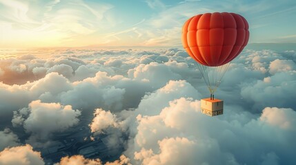 Super realistic parachute delivery with cardboard box, amidst clouds in the sky