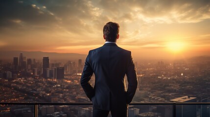 Fototapeta premium business background with big city,Businessman looking out over city at sunrise 