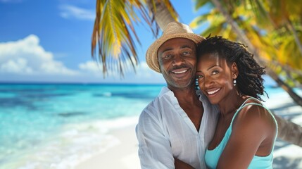 smiling african american couple embracing each other on the beach - Powered by Adobe