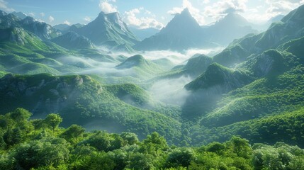 A breathtaking view of a serene mountain landscape at sunrise, with misty valleys, lush greenery, and a clear blue sky.