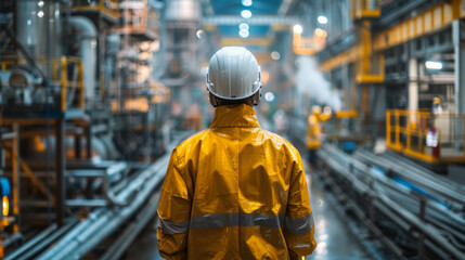 A worker in yellow protective gear and helmet stands in a large, modern industrial facility with machinery.