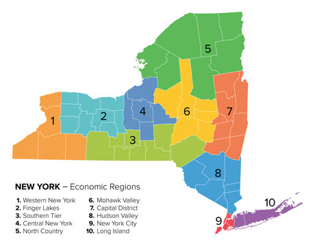 New York State economic regions, multi colored political map. Major economic regions of New York, a state of the Northeastern United States, and one of the Mid-Atlantic states. Illustration. Vector