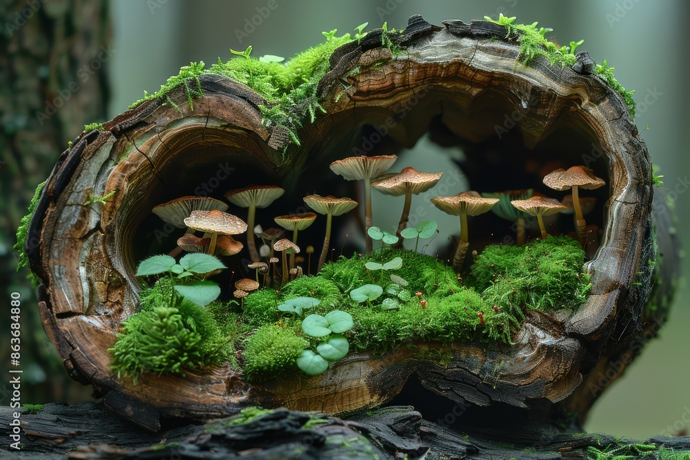 Wall mural A miniature ecosystem flourishes inside the hollow trunk of a decaying tree. Dark and teeming with life, mosses, fungi, and tiny insects decompose wood, recycle nutrients. - Wall murals
