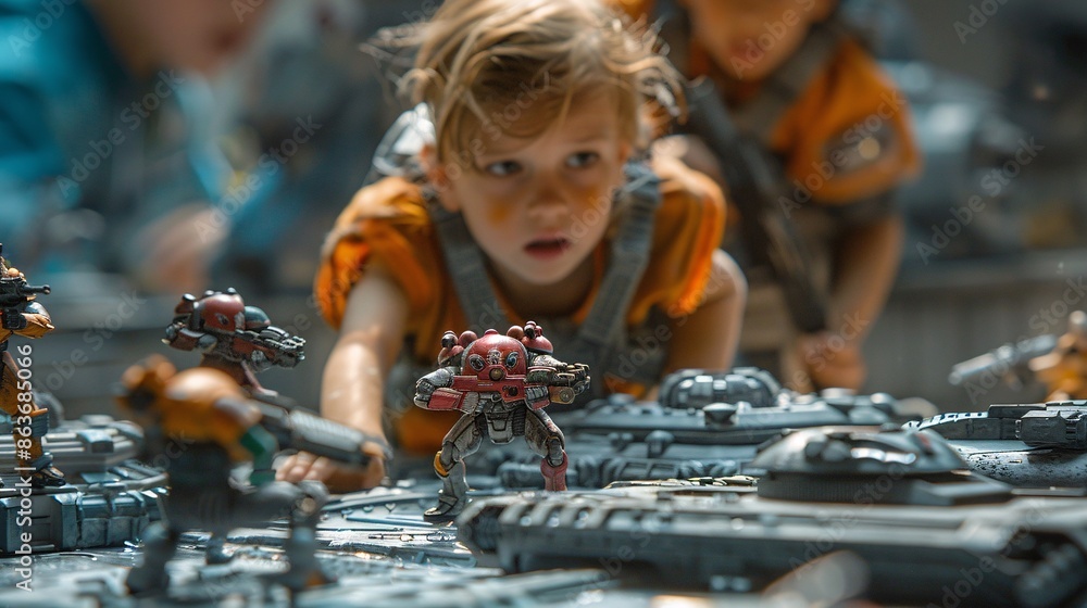 Poster a dynamic advertisement for a new line of action figures, featuring kids playing with the figures in