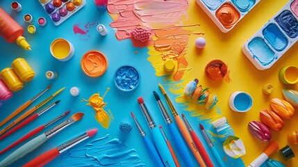 A vibrant and playful advertisement for a new line of art supplies, featuring artists creating colorful and imaginative works, with close-ups of the supplies in use