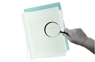 Document magnifier. Search, check, research. Female hand holding a loupe, viewing a report, checklist, checking a task. Study of the law, data audit, review. View through a magnifying glass. Vector.