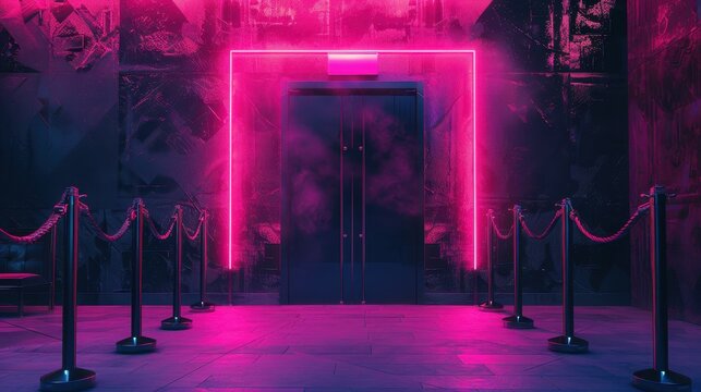 A neon pink entrance with rope barriers
