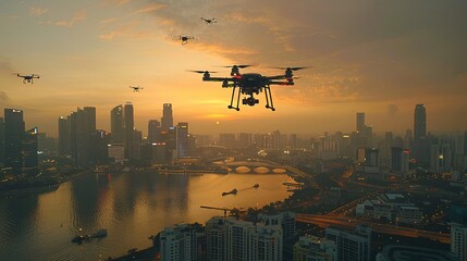 A captivating advertisement for a new camera drone, showcasing its capabilities through stunning aerial footage of landscapes and cityscapes, with close-ups of the drone and its features