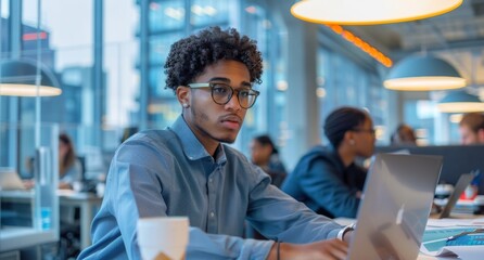 Fototapeta premium Young man in blue shirt and glasses working on laptop in modern office setting