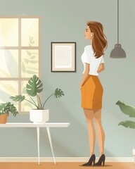 Elegant woman in office setting, wearing high heels and business attire, standing by window, surrounded by plants. Modern workspace design.