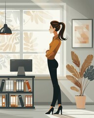 Profile view of a businesswoman standing confidently in a modern office space with a computer, shelves, and plants.