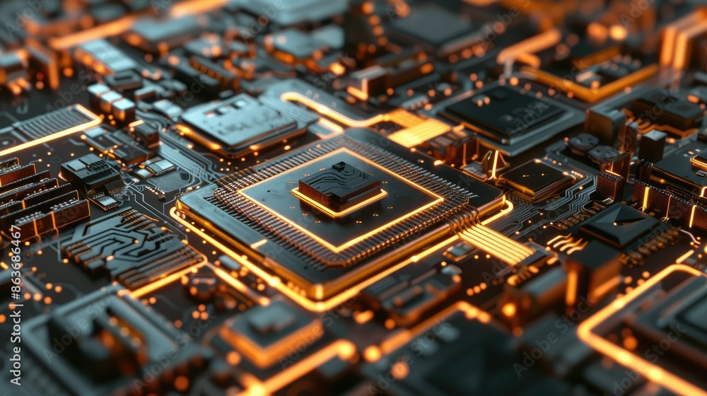 Poster close-up of glowing circuit board with central processing unit