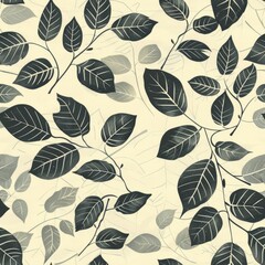 Seamless pattern with black and white leaves on a beige background