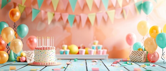 Obraz premium Colorful birthday party setup with balloons, cake, and decorations on a table, perfect for celebrations and festive occasions.