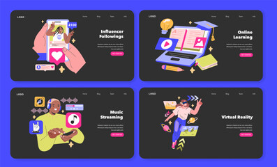 Media Consumption web banners set Showcasing influencer culture, e-learning platforms, music streaming, and virtual reality immersion Digital lifestyle exploration Vector illustration