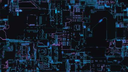 Abstract background of printed circuit board. Computer parts, microcircuits on electronic board. Futuristic data processing on electronic board. Microelectronic technology concepts. Vector illustratio