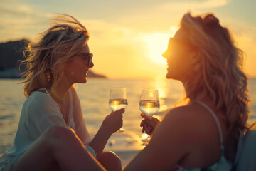 silhouettes of two girls on vacation with a glass of vine in the rays of the setting sun