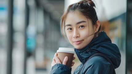 Fototapeta premium Determined Asian sportswoman enjoying coffee with space for text or logos , 