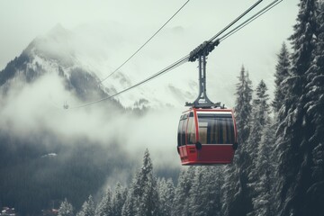 Obraz premium Winter Serenity Minimalist Cable Car Portraits in Ethereal Landscape.jpeg