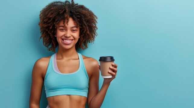 A smiling sportswoman in workout attire holding a coffee cup, with a clear copy space background for adding text or branding , 