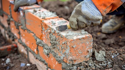 An outdoor shot of a bricklayer laying bricks on a construction site,