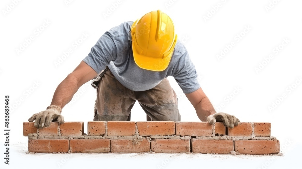 Poster an isolated image of a bricklayer in action, skillfully placing bricks to form a sturdy wall, agains