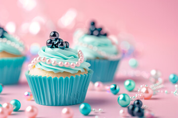 Cupcakes decorated with blue buttercream frosting and black pearls on a pink background