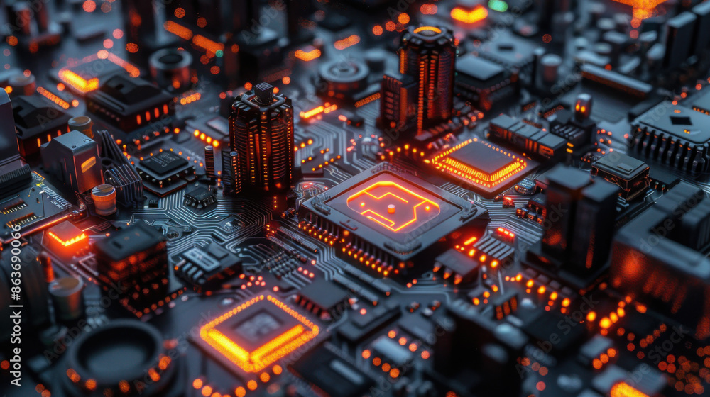 Poster close-up of a high-tech circuit board with glowing orange components, representing advanced technolo