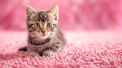 Small adorable kitten on pink carpet with space for text