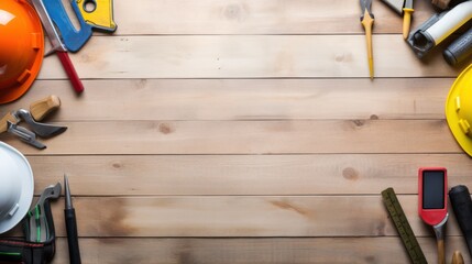 Top-down view construction tools on wooden table with free space for text.,