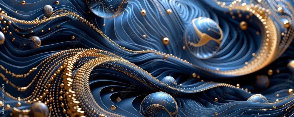 Poster abstract blue and gold shapes with spherical elements and flowing patterns