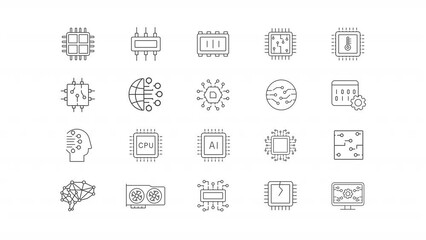 Microcircuits animation set. Electronical components animated line icons. Ai computing, circuit design. Black illustrations on white background. HD video with alpha channel. Motion graphic