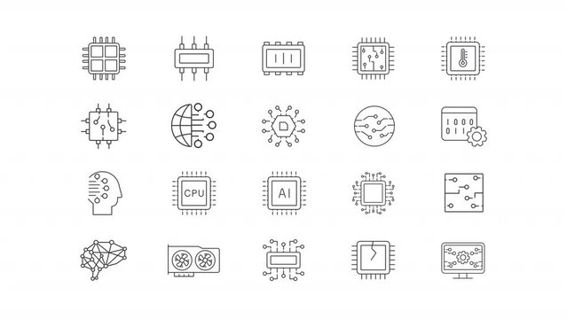 Microcircuits animation set. Electronical components animated line icons. Ai computing, circuit design. Black illustrations on white background. HD video with alpha channel. Motion graphic