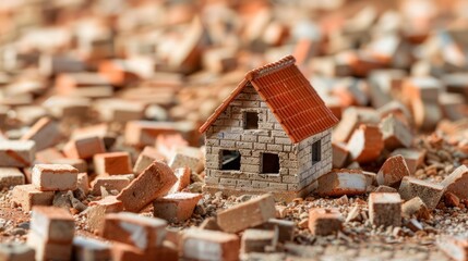 An isolated image of a miniature house surrounded by bricks, symbolizing the foundation and building blocks of homeownership, with space around for adding text 