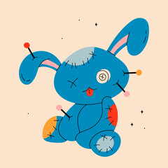Voodoo doll rabbit. Rabbit with pin, stitches, patches. Cartoon style cute character. Hand drawn Vector illustration. Isolated design element. Rag, textile toy. Icon, print template