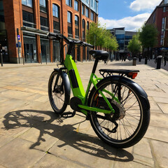Fototapeta premium Leeds England: 3rd June 2024: Leeds City Bikes. An electric bike parked and ready for hire. Green urban travel