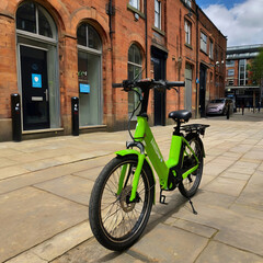 Leeds England: 3rd June 2024: Leeds City Bikes. An electric bike parked and ready for hire. Green urban travel