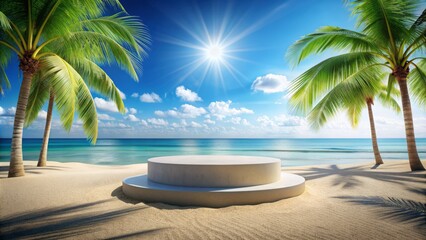 A serene beach podium display stand surrounded by summer sand, sea, and palm trees, with a blue sky and sun, featuring a stone pedestal.