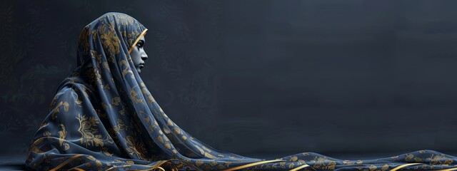  A painting of a woman in a blue-and-gold dress, adorned with a veil covering her head and a golden headdress