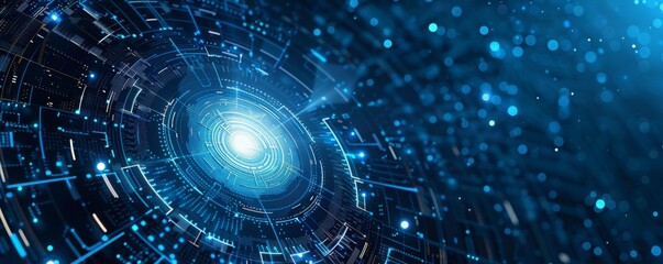 Abstract futuristic technology background with glowing blue lights and digital circuit patterns