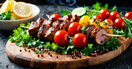 Appetizing Grilled Meat Skewers with Fresh Vegetables - Gourmet BBQ Concept
