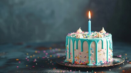 White Birthday drip cake with teal ganache, sprinkles, and a lit candle over a dark blue background. Copy space.