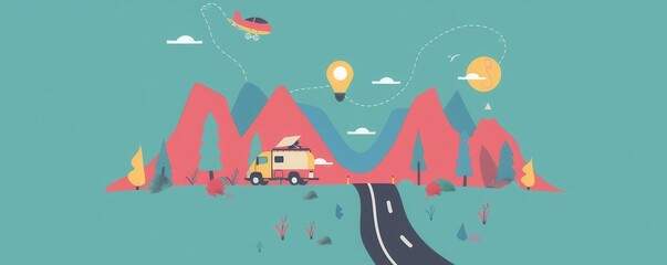 Fototapeta premium Journey map for a road trip flat design, side view, exploration theme, animation, Triadic Color Scheme